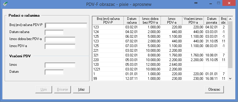 Apross modul Porezi - PDV-F obrazac